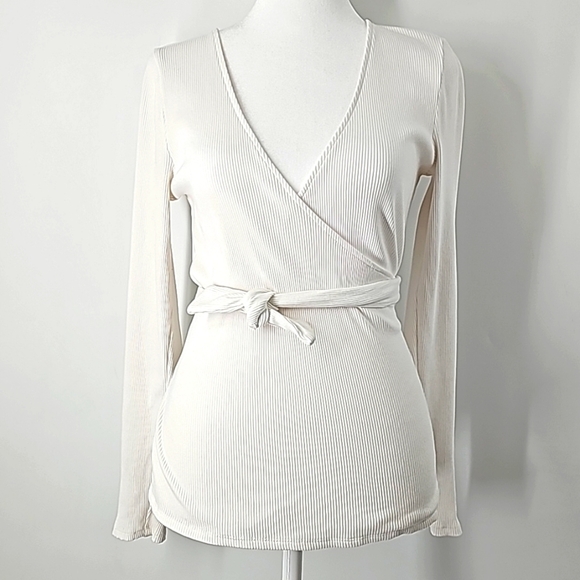Express White Ribbed Deep Vneck Faux Wrap Top w Attached Tie Belt - Picture 1 of 11